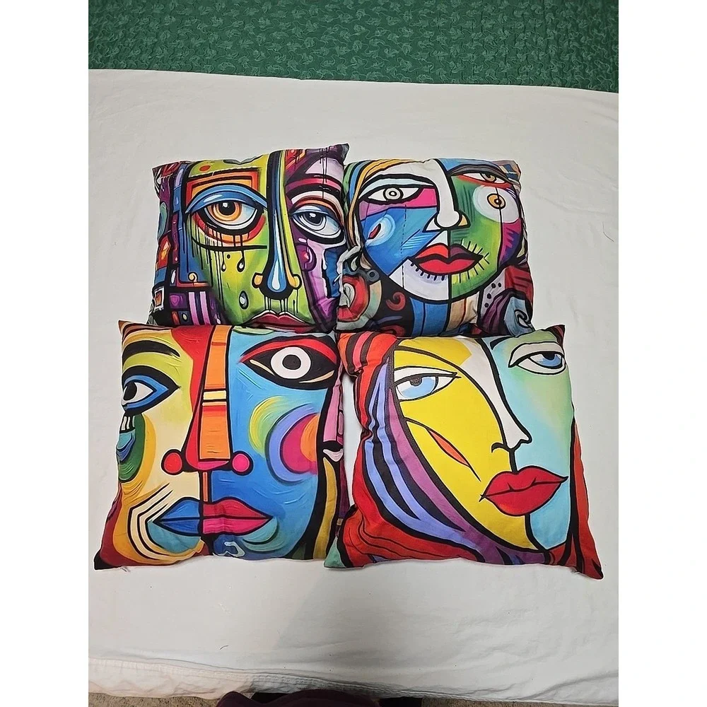 Set‎ Of 4 Pillows 16x16 Throws Faces abstract art pillow in a Picass Style Fun